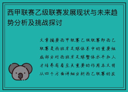西甲联赛乙级联赛发展现状与未来趋势分析及挑战探讨
