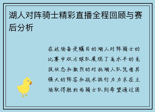 湖人对阵骑士精彩直播全程回顾与赛后分析